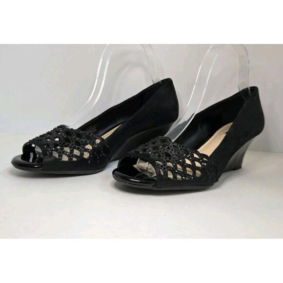 Alex Marie Black Patent Wedge Peep Toe Shimmering Straps Sz 8.5 Summer Shoes - Picture 1 of 8